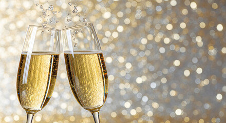 Champagne Toast of Celebration: Two champagne glasses are raised in a celebratory toast, filled with effervescent liquid and bubbles, sparkling against a backdrop of twinkling lights.