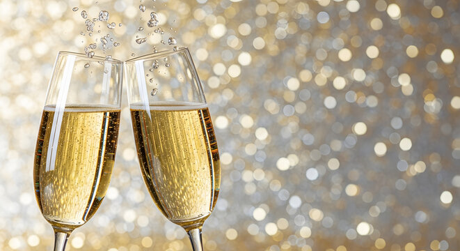 Champagne Toast of Celebration: Two champagne glasses are raised in a celebratory toast, filled with effervescent liquid and bubbles, sparkling against a backdrop of twinkling lights. - Powered by Adobe