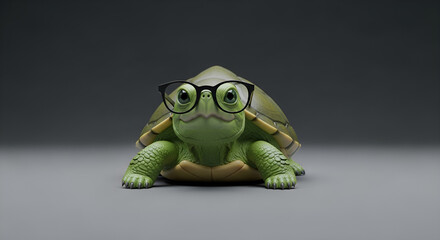 Obraz premium Realistic photo of a cute green turtle wearing glasses on a plain gray background, looking smart and adorable.
