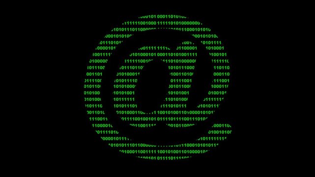 video animation at arroba symbol email designed with binary code system numbers, on a transparent background with alpha channel set to zero