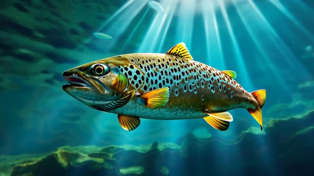 Aquatic Beauty: A vibrant trout glides gracefully through clear, sun-dappled waters, showcasing its intricate patterns and the wonders of underwater life.