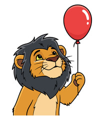Joyful cartoon lion cub holding a red balloon, looking up with a happy expression