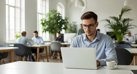 Focused Professional at Work: An intelligent professional absorbed in his work at the office, his gaze fixed intently on the laptop screen as he navigates the complexities of the project.