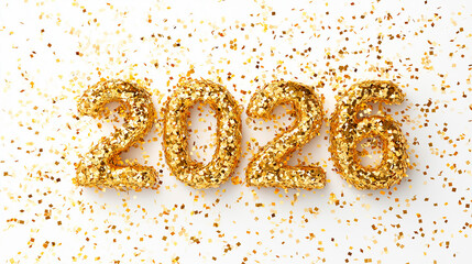 Number 2026 made of shiny gold confetti on a clean white background
