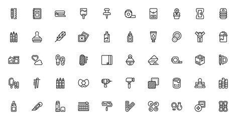 Art and Craft supplies icon set. Vector illustration Includes symbols for pencl, paint brush, glue, crayns, scissors, fabric, buttns and more. Editable stroe.