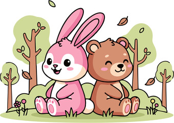 Fototapeta premium Cute Pink Bunny and Brown Bear Friends Vector Illustration