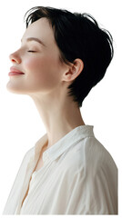 Serene young woman with short hair in peaceful contemplation isolated on transparent background.