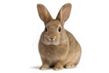 Brown rabbit sitting on transparent background, looking at camera, cute animal, easter pet concept, wild mammal