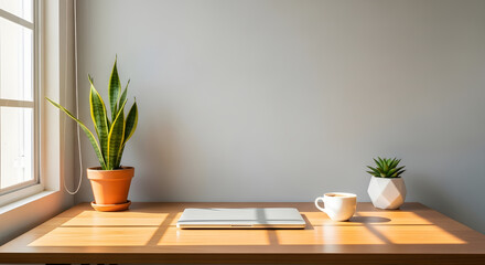 Desk essentials in light: A minimalist workspace setup, featuring a potted snake plant and a succulent on a wooden desk bathed in natural light, evoking tranquility and productivity. 