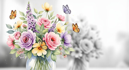 Obraz premium Floral Serenity: A delicate watercolour bouquet, alive with vibrant blooms and fluttering butterflies, evokes a sense of tranquil elegance. 