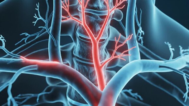 Detailed 3D medical illustration of human carotid arteries in the neck.