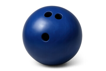 Blue bowling ball with three finger holes, a classic piece of sport equipment, standing on a transparent background