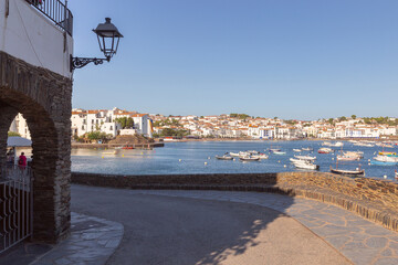 View of the harbor and town from promenade in Cadaques Spain