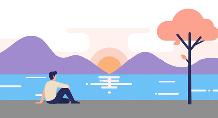 Tranquil scene of a person enjoying a serene sunset by the water with mountains in the background