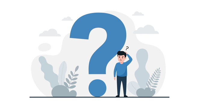 A perplexed person stands before a giant blue question mark, contemplating a difficult decision or unknown answer