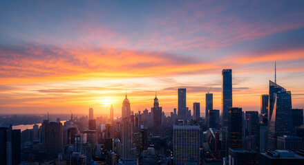 Fototapeta premium Skyscrapers at Dusk: The cityscape against a vibrant orange and blue sunset. The iconic buildings stand tall, creating a mesmerizing scene that encapsulates the spirit of urban beauty.