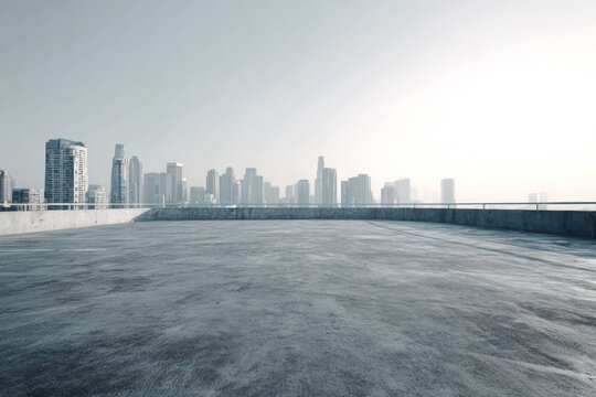 A minimal concrete rooftop helipad with panoramic view of a modern skyline under soft morning light, ideal for automotive or corporate advertising backgrounds.