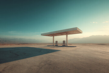 A solitary gas station in a vast desert landscape bathed in golden sunlight, representing isolation, travel, and modern minimalism &mdash; ideal for automotive advertising backgrounds.