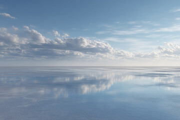 Fototapeta premium A serene salt flat reflecting distant mountains under a clear blue sky, creating a surreal minimal landscape ideal for automotive, travel, or conceptual advertising backgrounds.