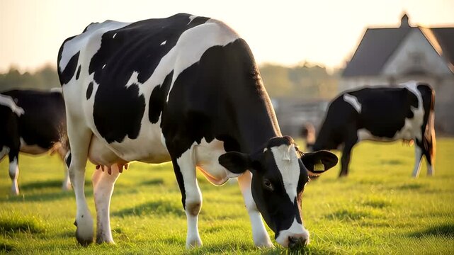 A serene farm scene with grazing cows in a lush green field at sunset