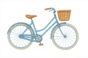 Vintage blue watercolor bicycle with front basket, watercolor style drawing on transparent background