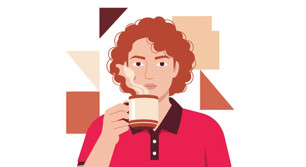 Young Man Enjoying a Hot Beverage with Steam Rising.