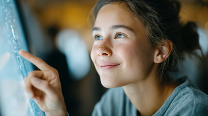 Teen engaged in interactive space simulation on vertical touch screen for educational experience