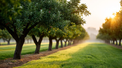 Naklejka premium Sunlit apple orchard rows in early morning, ideal for nature and agriculture themes