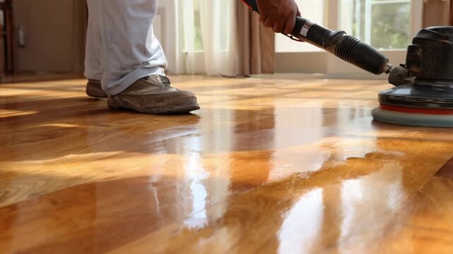 Closeup medium shot of a person polishing a hardwood floor with an electric buffer highlighting the natural wood grain and smooth finish.