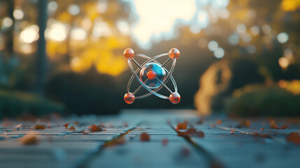 atom model floating in soft mist, highlighting atomic structure, scientific exploration, and futuristic concepts, ideal for education, research, and tech themes