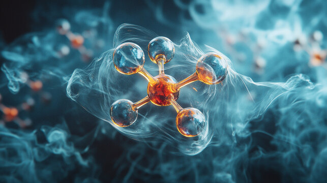 atom model floating in soft mist, highlighting atomic structure, scientific exploration, and futuristic concepts, ideal for education, research, and tech themes