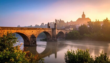 Obraz premium Ancient Stone Bridge Crossing a Calm River at Sunrise with a European Townscape and Golden Sunlight Illuminating the Buildings and Mist
