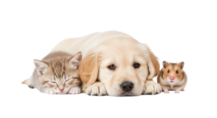 Adorable puppy, kitten, and hamster lying next to each other isolated on white background, perfect for pet care and animal companionship themes