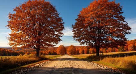 Symmetrical Autumn Gateway: Two Majestic Orange Trees Frame a Sunlit Country Road