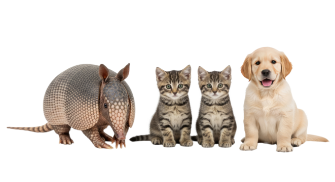 Armadillo with two tabby kittens and a golden retriever puppy sitting on white background, perfect for pet care and animal themes