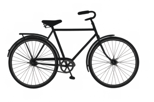 Vintage black bicycle with classic frame, fenders, and luggage rack on a transparent background