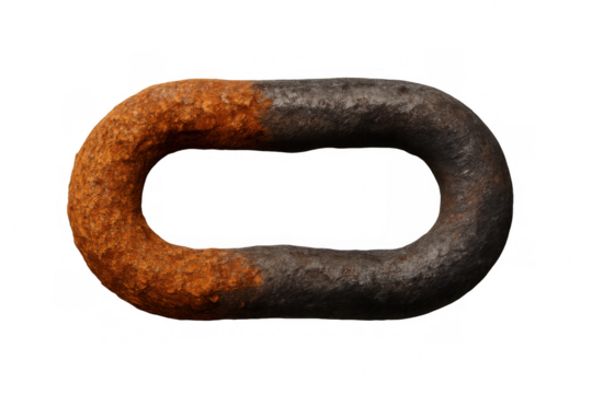 Old rusty metal chain link showing heavy corrosion and decay process on transparent background