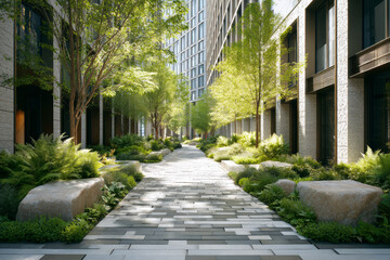 Obraz premium Contemporary glass building covered with lush vertical greenery under blue sky.
