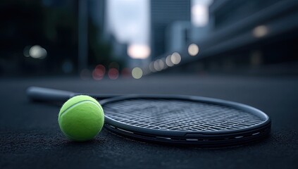 Vibrant Green Tennis Ball and Black Racquet Resting on Dark Asphalt Against a Blurred Cityscape Background at Dusk