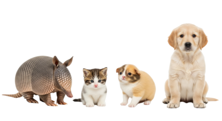 Armored armadillo, kitten, puppy, and golden retriever puppy lined up on white background, cute animals together, perfect for pet care or animal themes