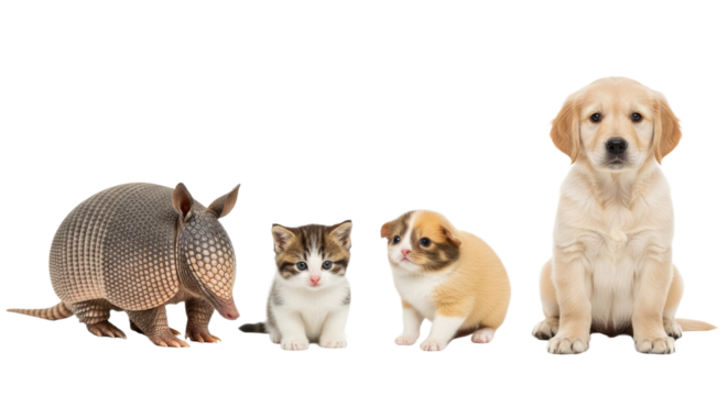 Armored armadillo, kitten, puppy, and golden retriever puppy lined up on white background, cute animals together, perfect for pet care or animal themes