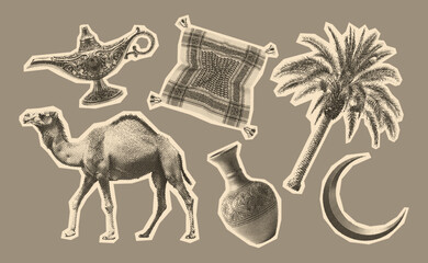 vintage Arabic style collage with a camel, genie lamp, palm tree, vase, keffiyeh, collection of halftone elements