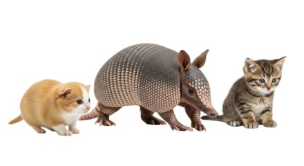 Close-up of a hamster, armadillo, and kitten on a white background, curious animals gathering together, perfect for educational and pet-related projects