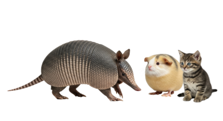 Close-up of an armadillo, guinea pig, and tabby kitten together on white background, perfect for pet and wildlife themes