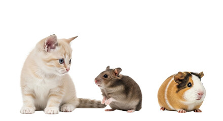 Curious kitten looking at a brown mouse and a guinea pig sitting on white background, cute small animals interacting, perfect for pet care or animal behavior topics