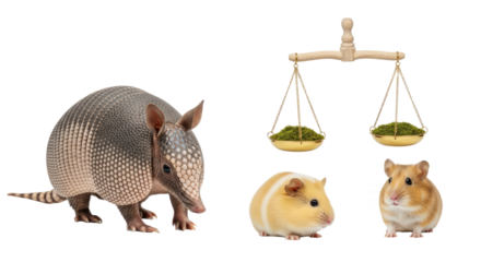 Cute armadillo and two hamsters with balance scale showing green leaves, concept of animal food portion and diet, perfect for educational and pet care content