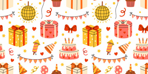 Seamless pattern of birthday elements. A cake, gifts, balloons, disco ball. Flat vector illustration.