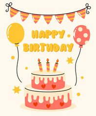 Birthday invitation card with a cake. Flat vector illustration.