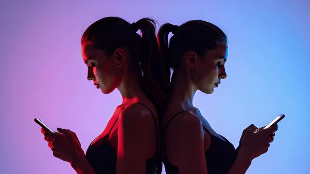 Two women backlit by neon lights, engrossed in their smartphones, symbolizing modern connection, distraction, and digital lives.