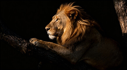 Side portrait of a big male African lion (Panthera leo) against a black background, South Africa	